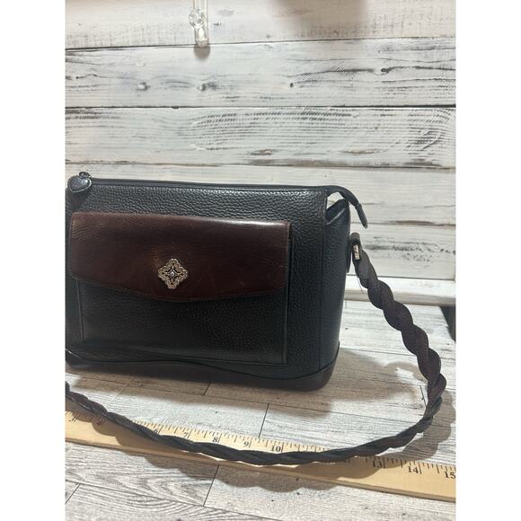 Brighton Two Tone Leather Shoulder Handbag Purse Black Brown floral interior - Picture 2 of 13